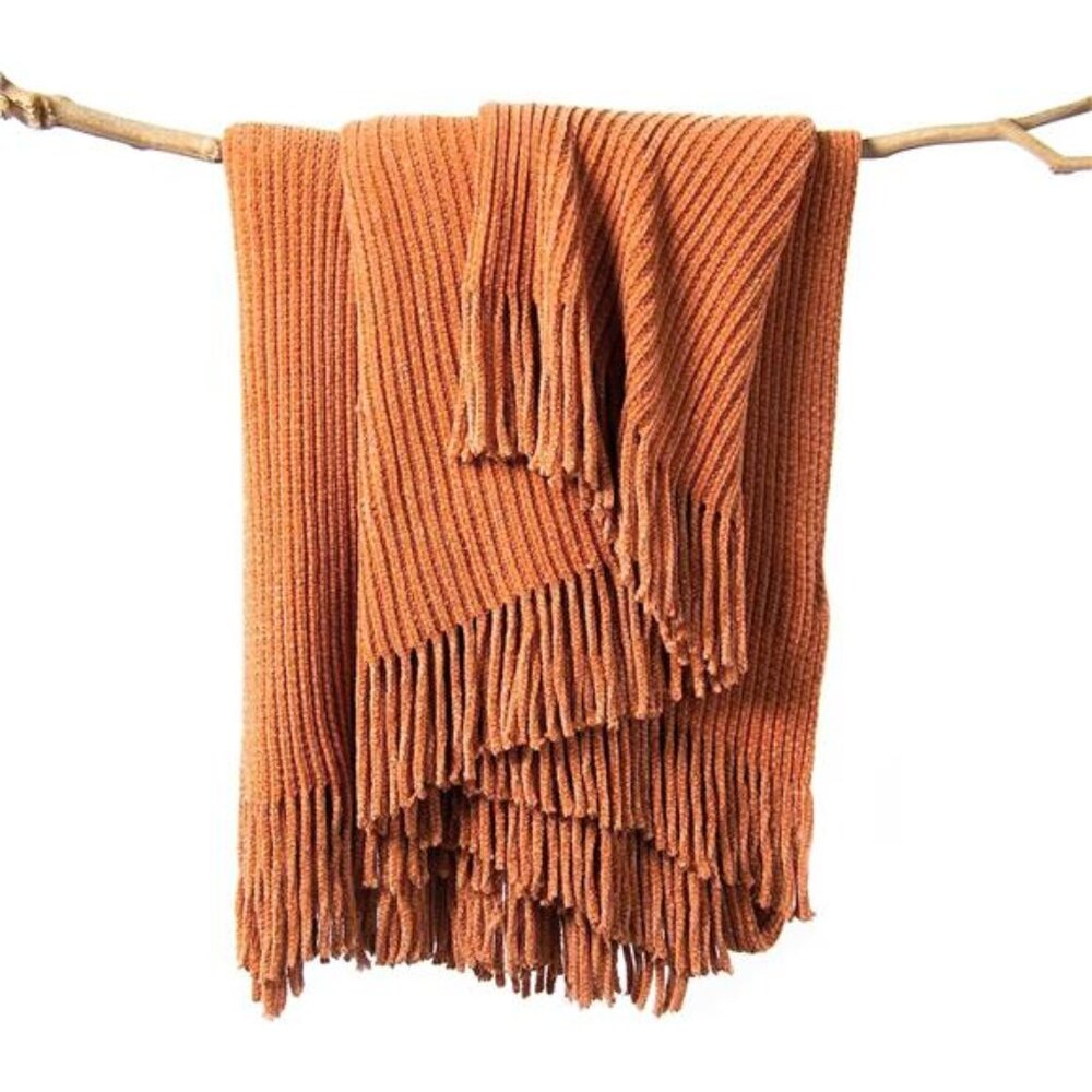 Throw Blanket for Couch, Soft Boho Bed Throw,Cozy Burnt Orange Chenille
